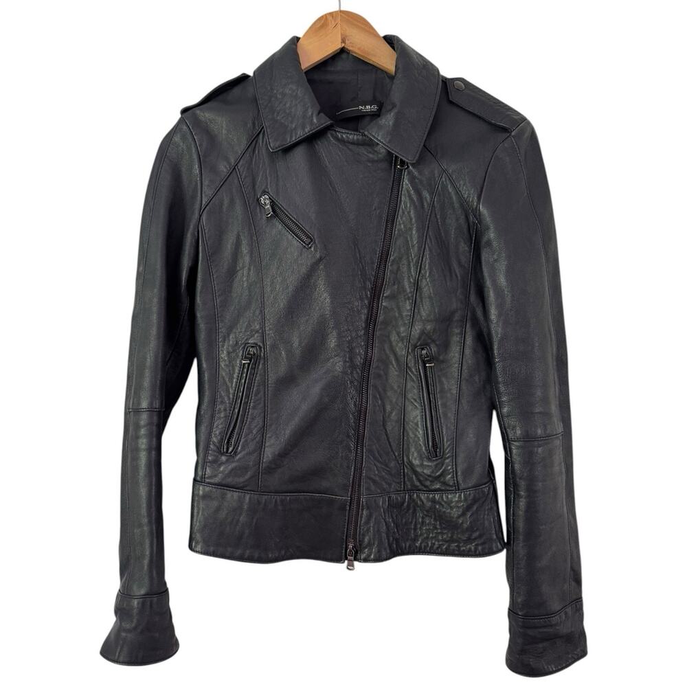 N.B.G Black 100% Leather Moto Jacket Made In Italy Size XS
